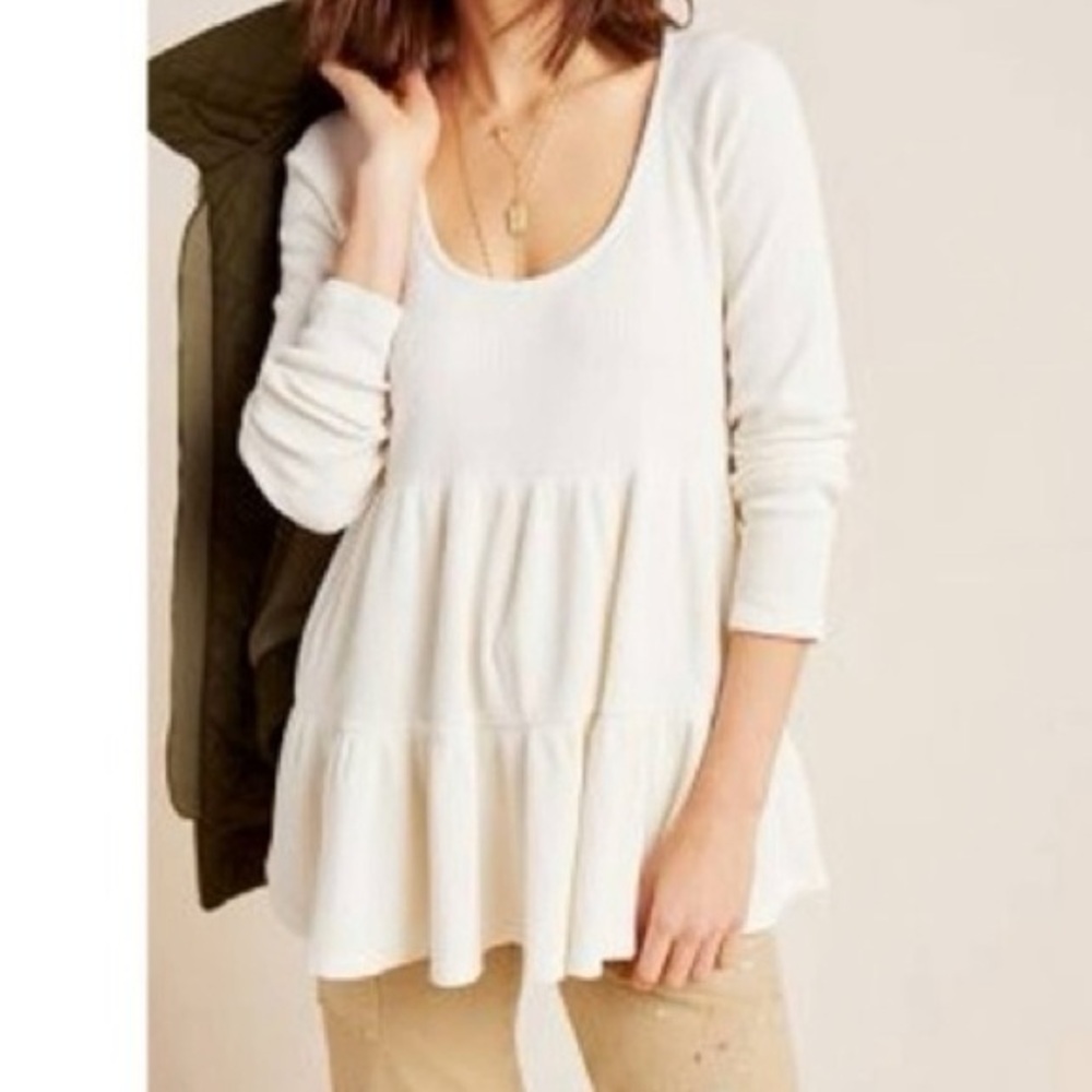Maeve by Anthropologie Samina Cream Scoop-Neck Peplum Babydoll Thermal Tunic Top